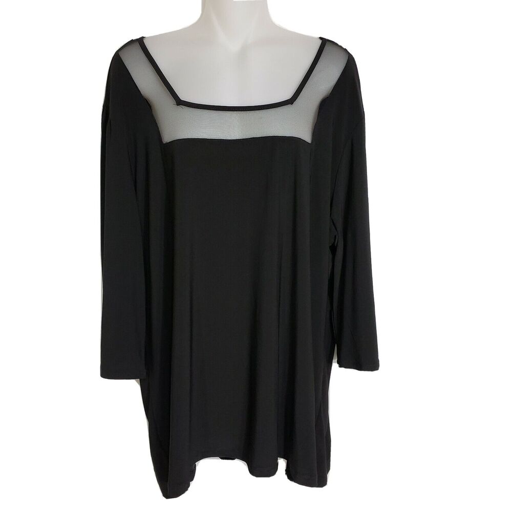 Venezia Womens Blouse Size 22/24 Black 3/4 Sleeve Square Mesh Neck Stretch Poly